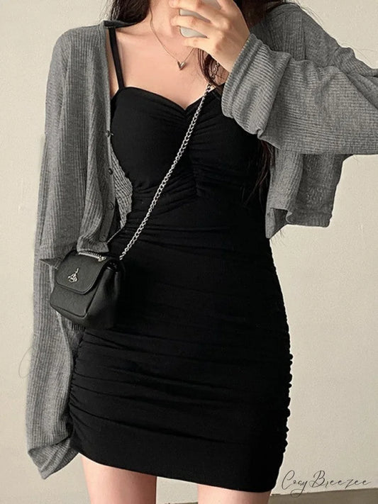 Black Puff Sleeve Trendy Corset Mini Dress Black / S
