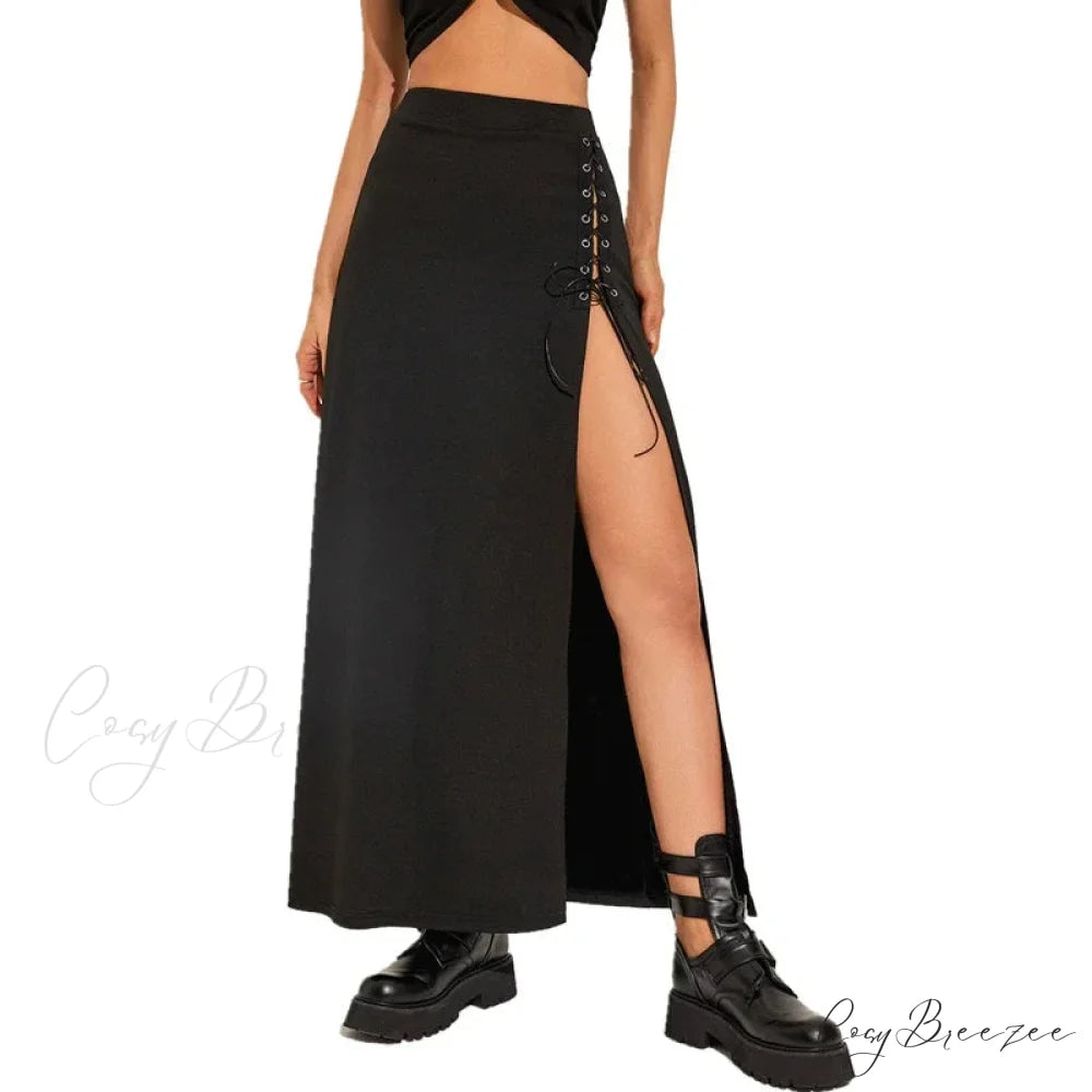 Black Sexy Split Simple Casual All-Match Cool Mature Vitality Skirt BLACK / S