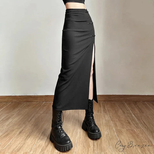 Black Sexy Women A-line Slits High Waist Slim Hip-covering Solid Mid-length Long Streetwear Skirt