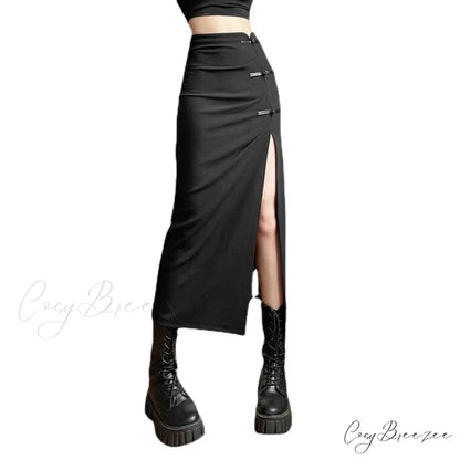 Black Sexy Women A-line Slits High Waist Slim Hip-covering Solid Mid-length Long Streetwear Skirt BLACK / S