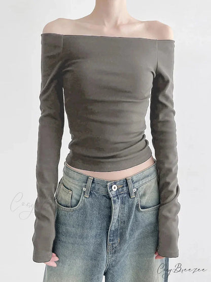 Black Slash Neck Elegant Long Sleeve Slim Knit Top Green / S knittop-250126