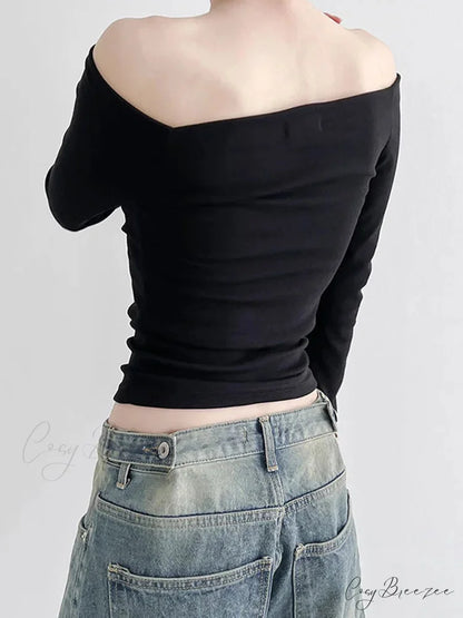 Black Slash Neck Elegant Long Sleeve Slim Knit Top knittop-250126