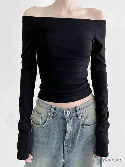 Black Slash Neck Elegant Long Sleeve Slim Knit Top Black / S knittop-250126
