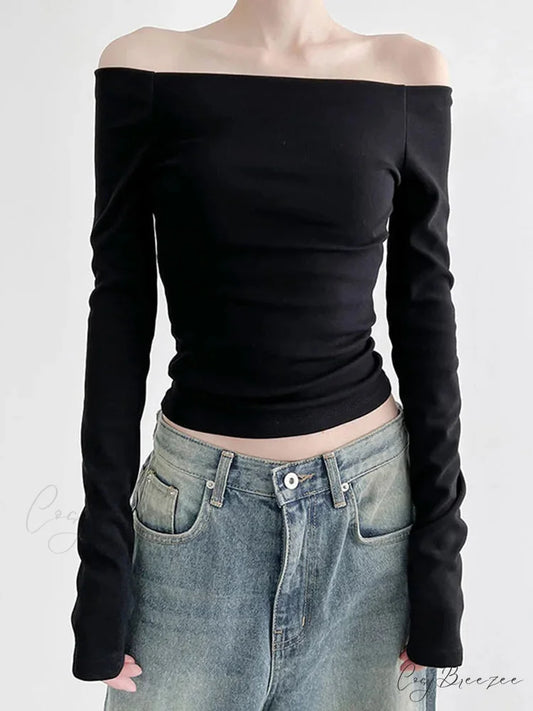Black Slash Neck Elegant Long Sleeve Slim Knit Top Black / S knittop-250126