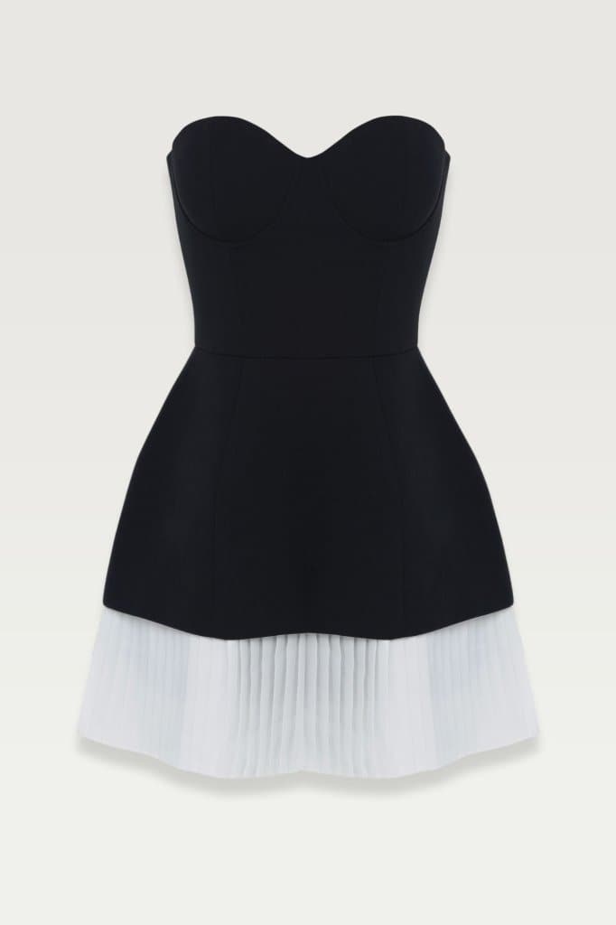 Black strapless Graceful a-line pleated minidress