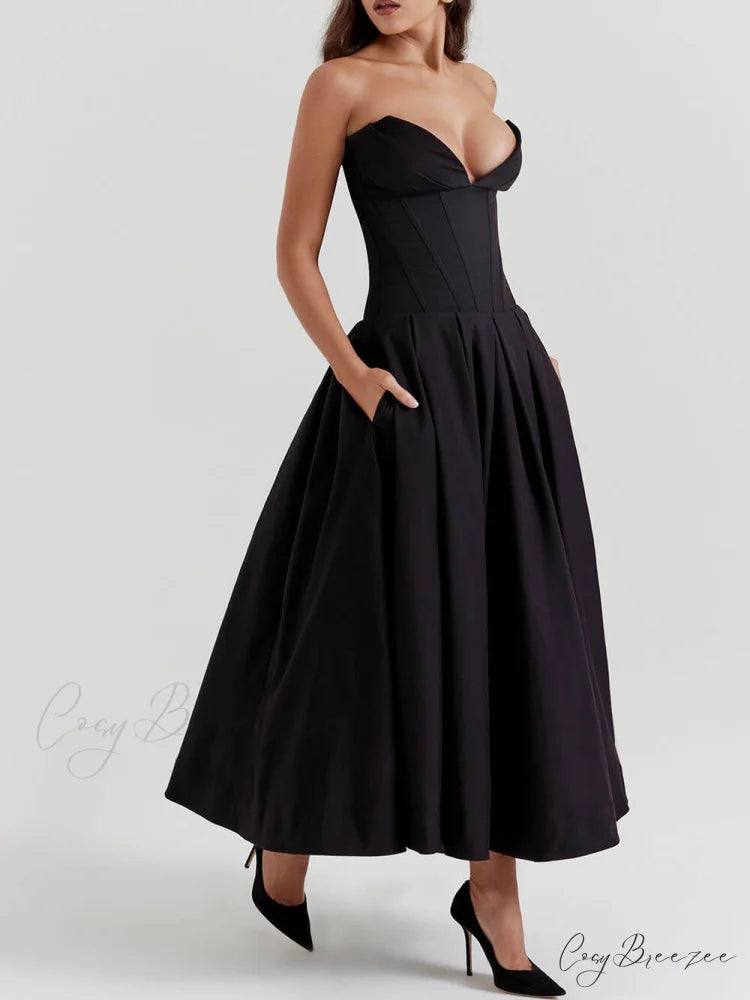 Black Strapless Stylish Midi Dress