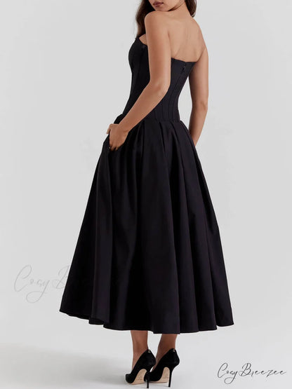 Black Strapless Stylish Midi Dress