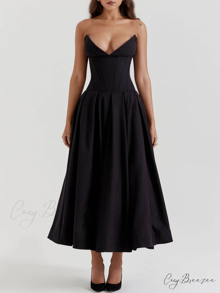 Black Strapless Stylish Midi Dress Black / S