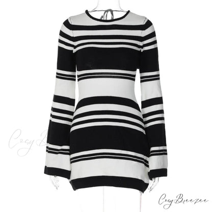 Black Stripe Knit Backless Graceful Long Sleeve Mini Dress