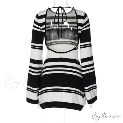 Black Stripe Knit Backless Graceful Long Sleeve Mini Dress