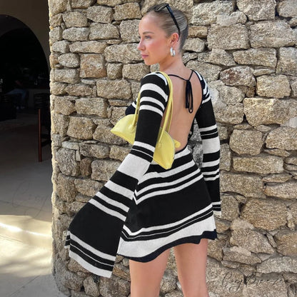 Black Stripe Knit Backless Graceful Long Sleeve Mini Dress