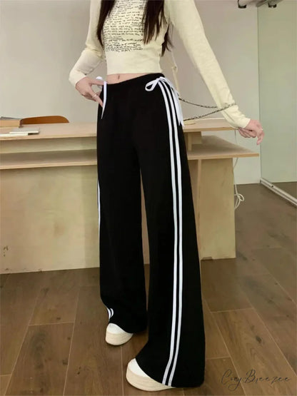 Black Striped Bow Charming Wide Leg Pants