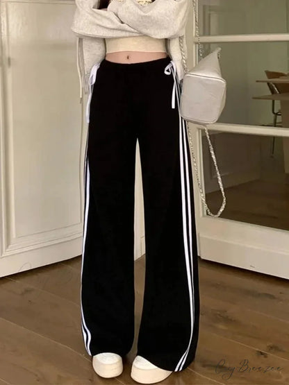 Black Striped Bow Charming Wide Leg Pants