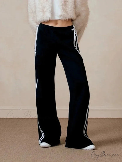 Black Striped Bow Charming Wide Leg Pants