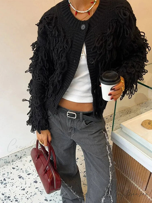 Black Tassel Round Neck Cardigan Black / S cardigans-241228