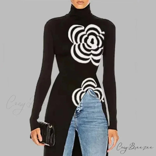 Black Top Asymmetric Printed Split-Joint Sweater swraters-241228