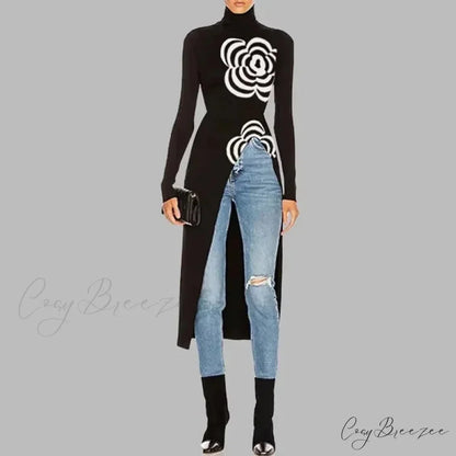 Black Top Asymmetric Printed Split-Joint Sweater swraters-241228