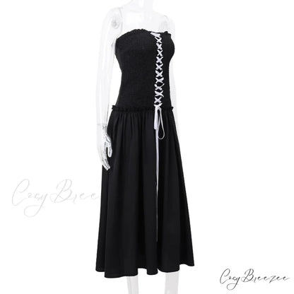 Black Tube Ruched Charming Lace Up Maxi Dress