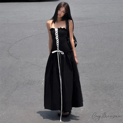 Black Tube Ruched Charming Lace Up Maxi Dress