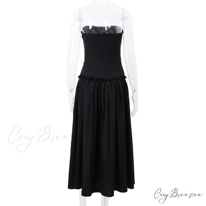 Black Tube Ruched Charming Lace Up Maxi Dress