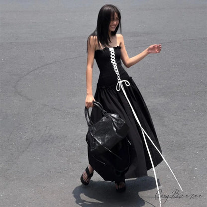 Black Tube Ruched Charming Lace Up Maxi Dress