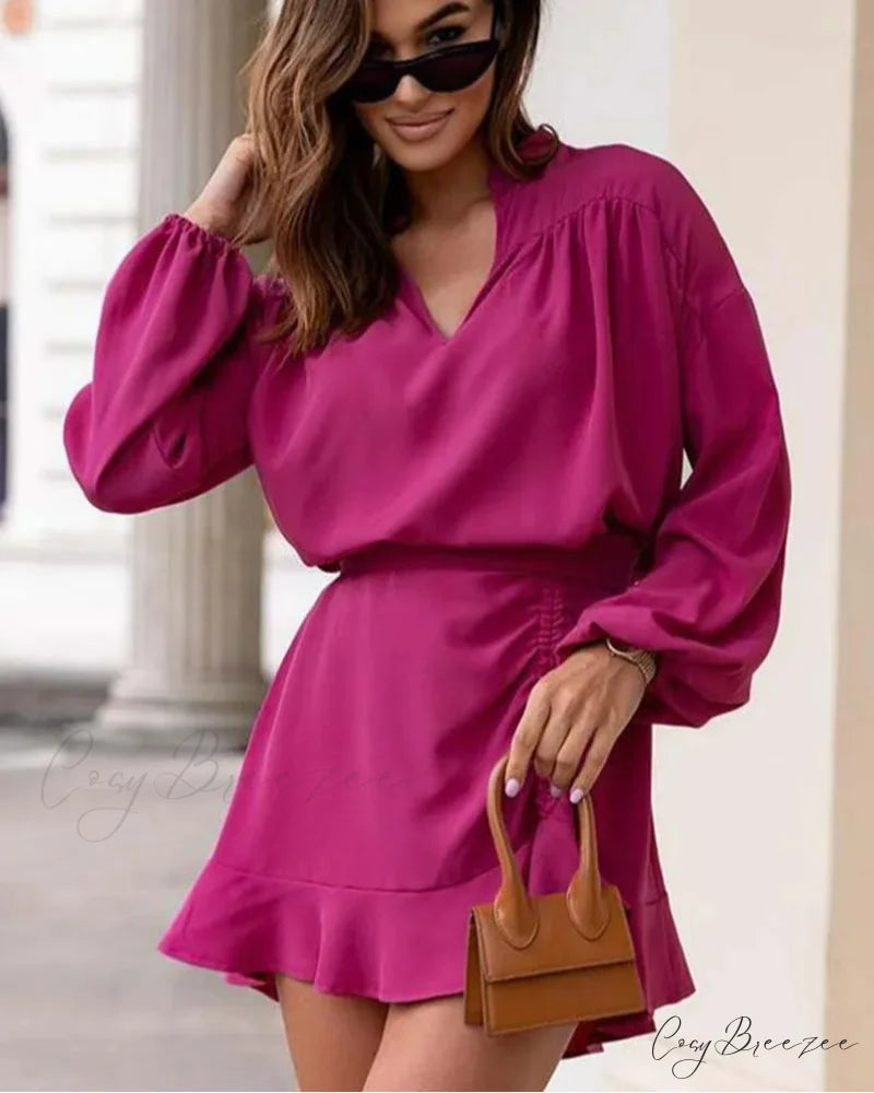 Black V-Neck Ruffled Mini Office Set Pink / S officetwopieceset-250223