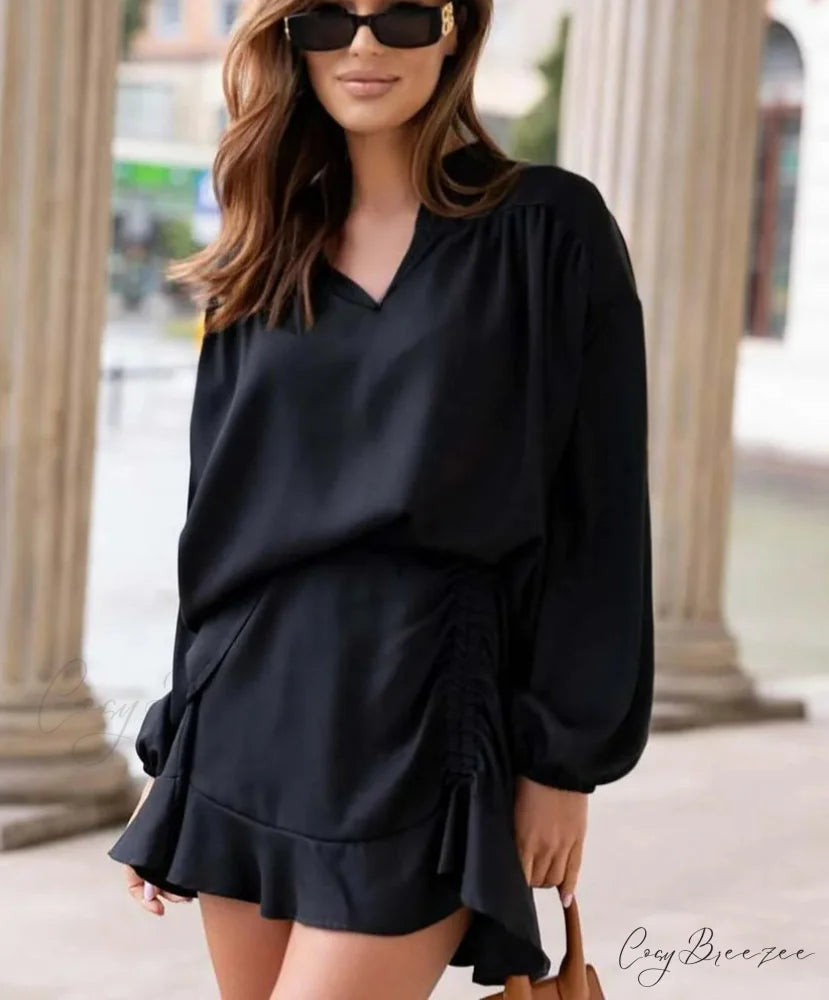 Black V-Neck Ruffled Mini Office Set Black / S officetwopieceset-250223