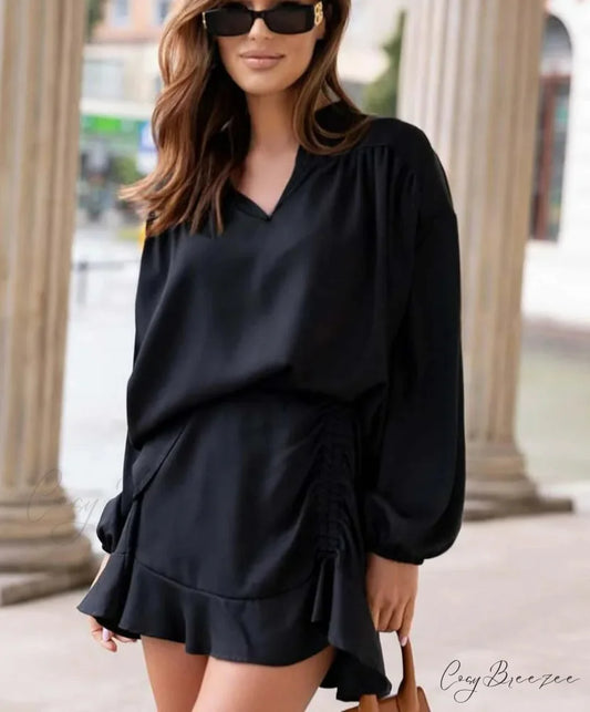 Black V-Neck Ruffled Mini Office Set Black / S officetwopieceset-250223