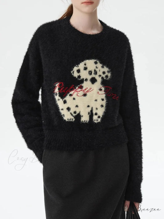 Black White Contrast Dalmatian Embroidered Sweater Black / XS swraters-241228