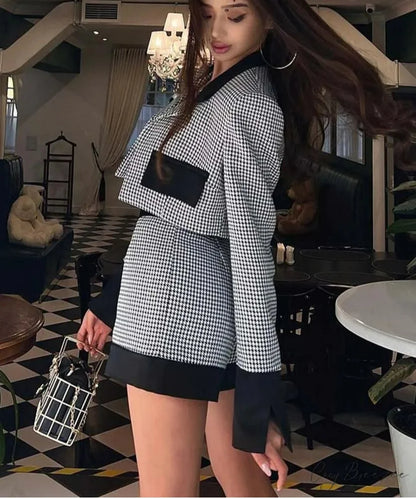Black White Patchwork Crop Shorts Office Set officetwopieceset-250223
