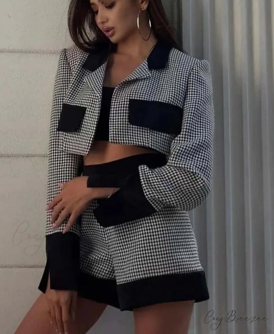 Black White Patchwork Crop Shorts Office Set black white / S officetwopieceset-250223