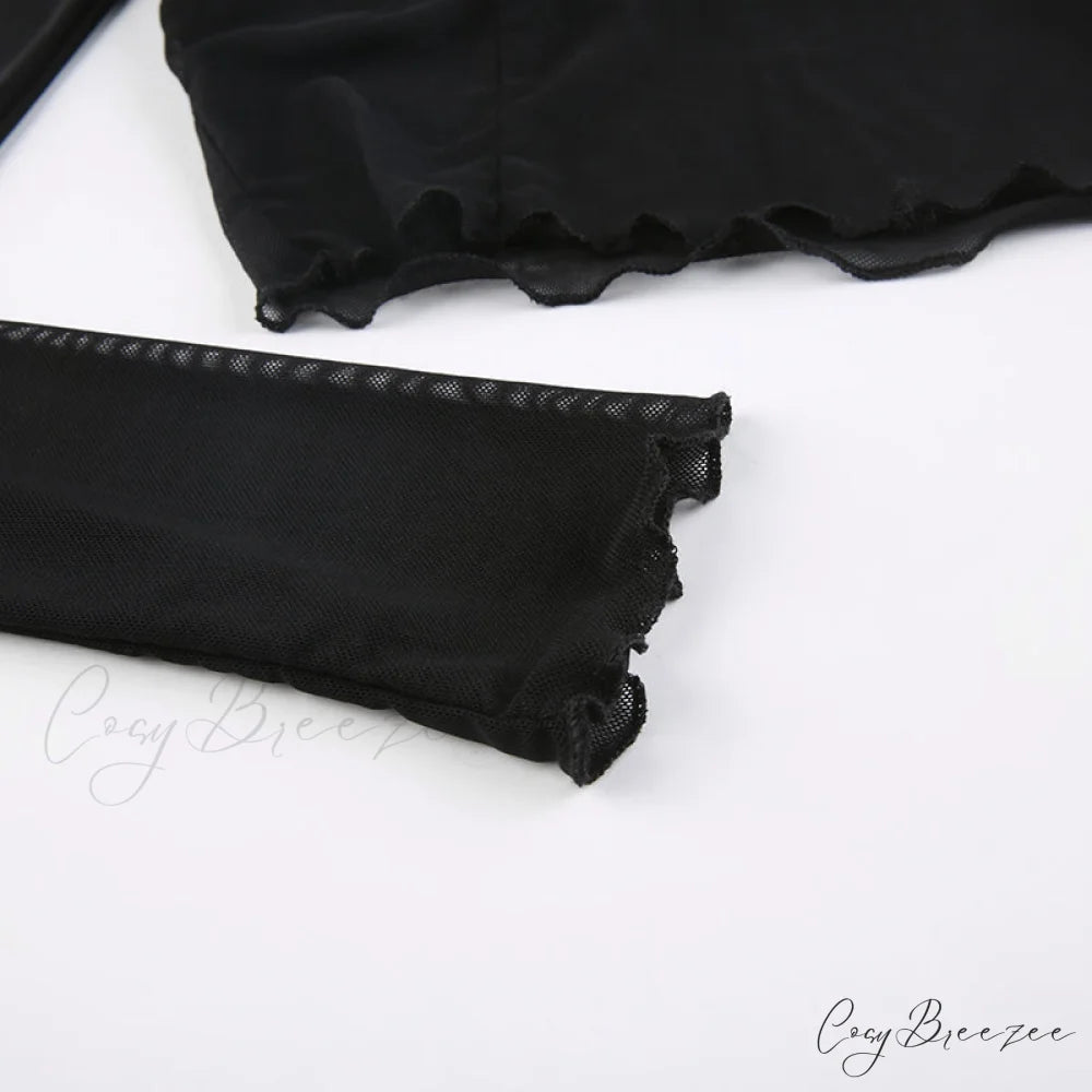 Black - with Mesh T-Shirt Rave Patchwork Sexy Goth Lace Clubwear