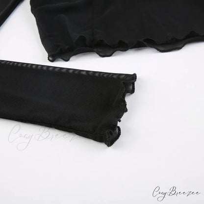 Black - with Mesh T-Shirt Rave Patchwork Sexy Goth Lace Clubwear