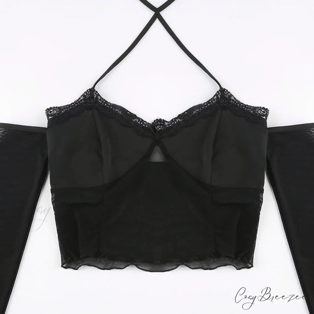 Black - with Mesh T-Shirt Rave Patchwork Sexy Goth Lace Clubwear