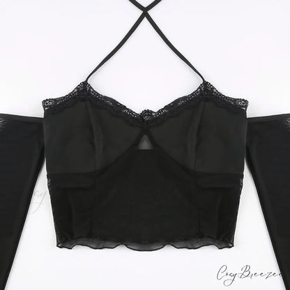 Black - with Mesh T-Shirt Rave Patchwork Sexy Goth Lace Clubwear
