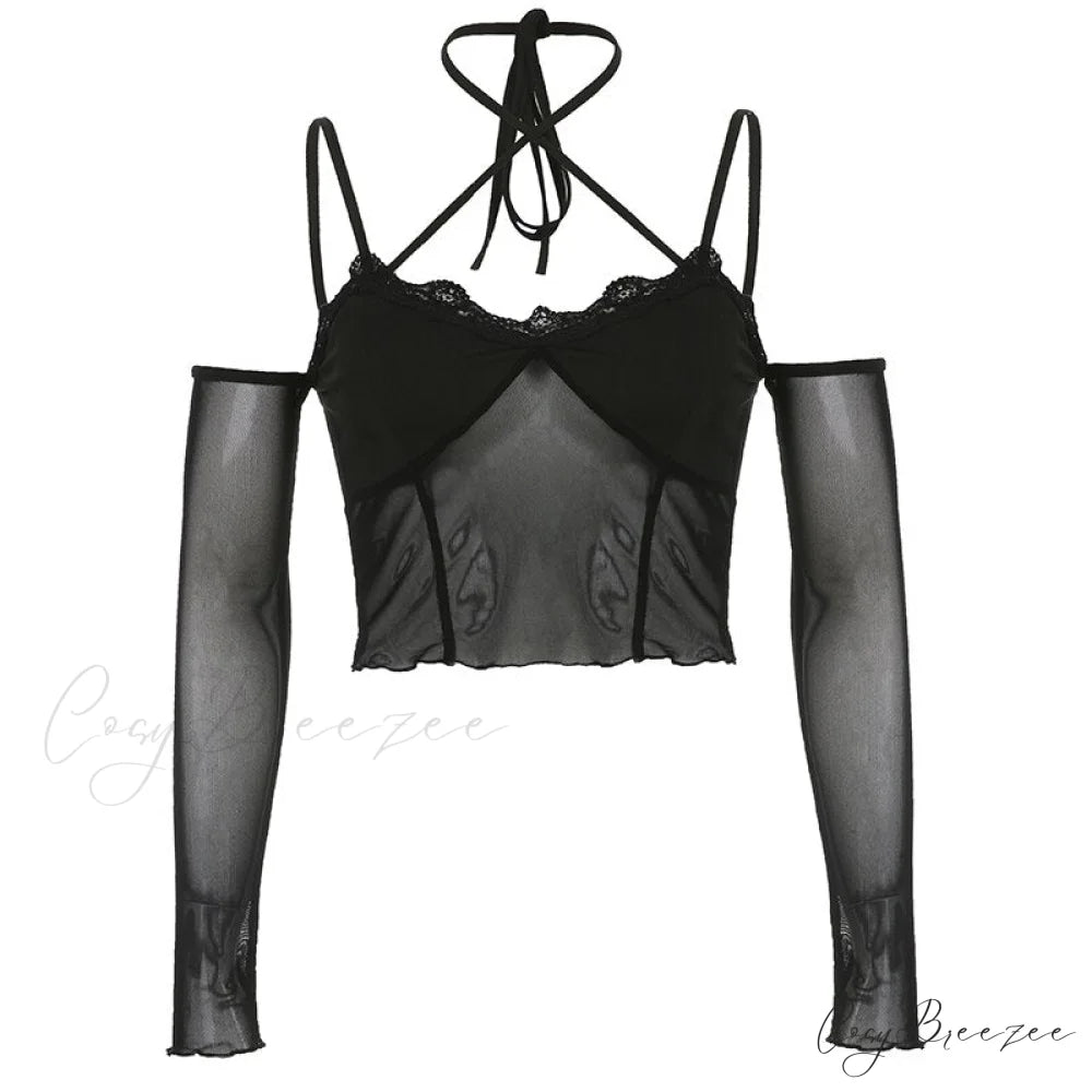 Black - with Mesh T-Shirt Rave Patchwork Sexy Goth Lace Clubwear as picture / S
