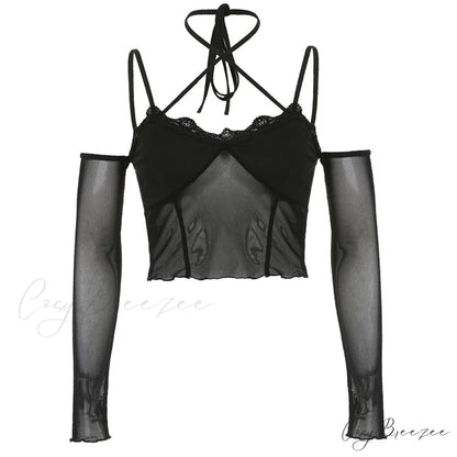 Black - with Mesh T-Shirt Rave Patchwork Sexy Goth Lace Clubwear as picture / S