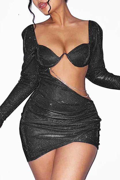 Glitter Chain Long Sleeve Ruched Mini Dress