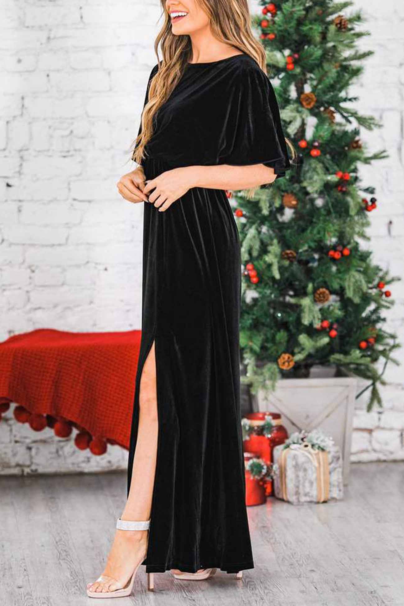 Velvet Crew Neck Midi Dress with High Slit