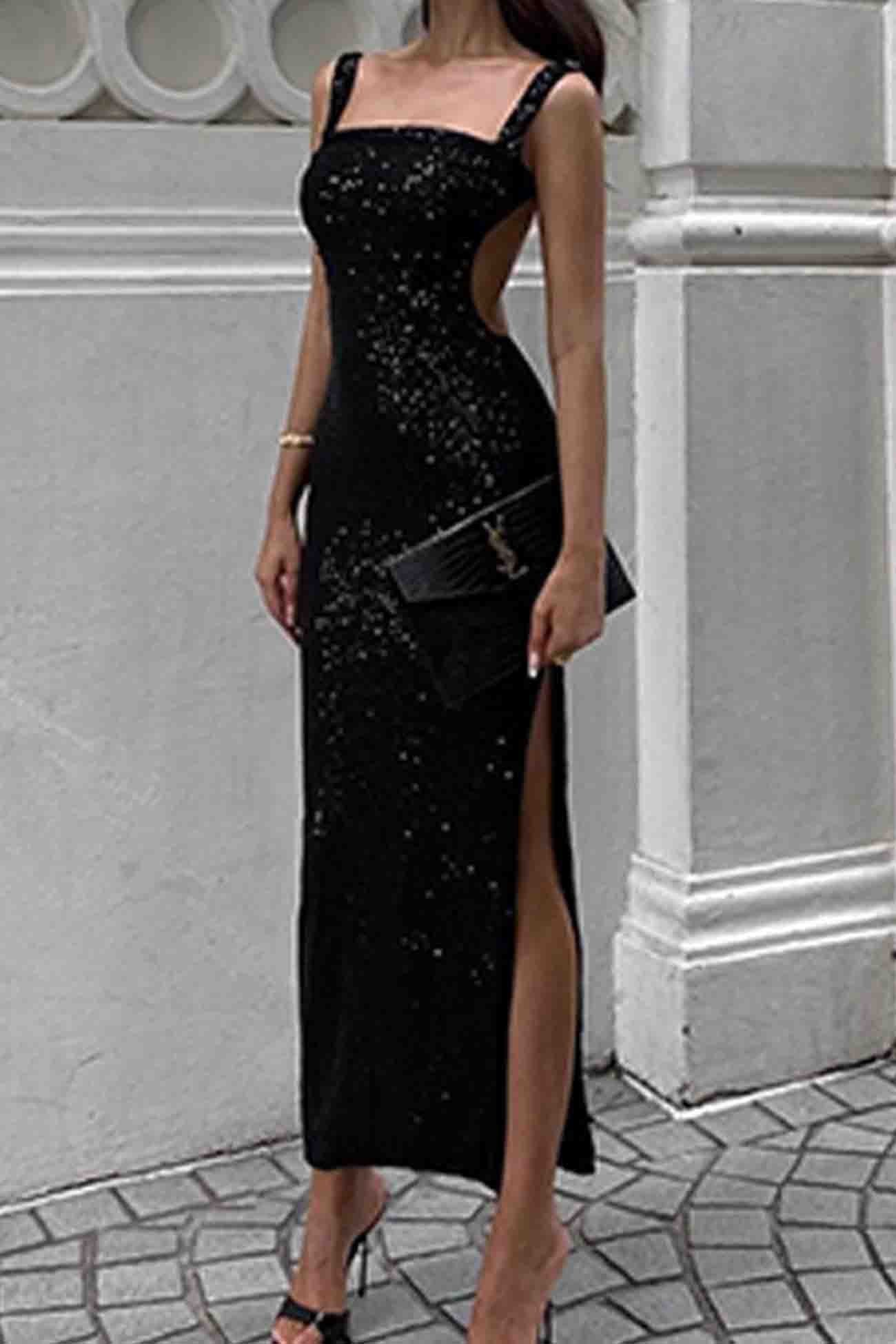 Sequined Backless Dress with Irregular Straps