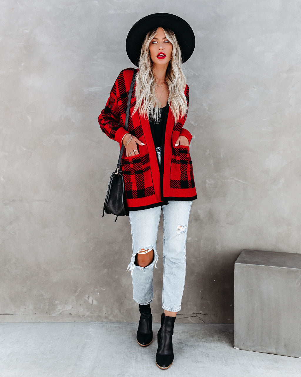 Black Rock Plaid Cardigan with Pockets