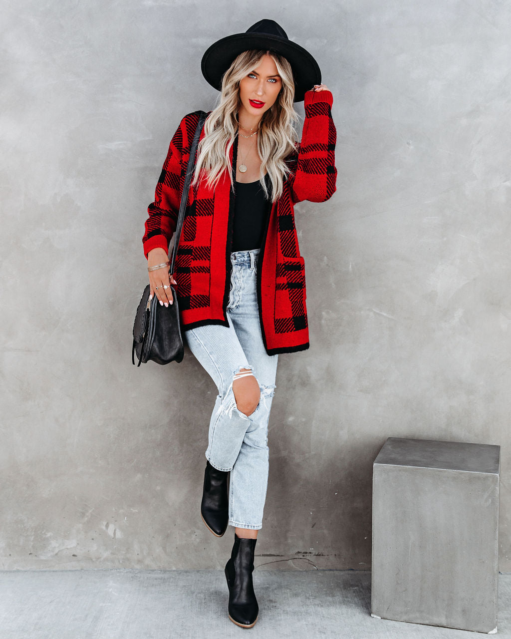 Black Rock Plaid Cardigan with Pockets