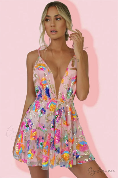 Blissful Goddess Sequin Trendy Backless Mini Dress Pink / S