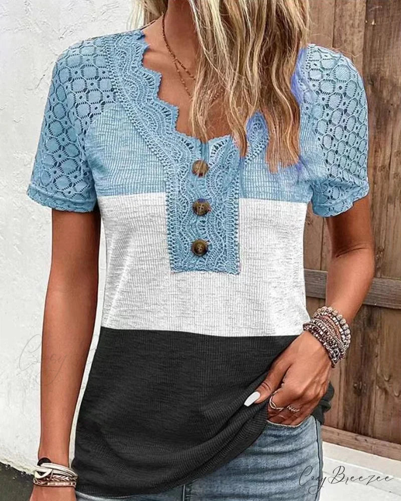 block Color lace tee Blue / S