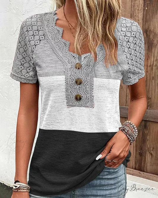 block Color lace tee Gray / S