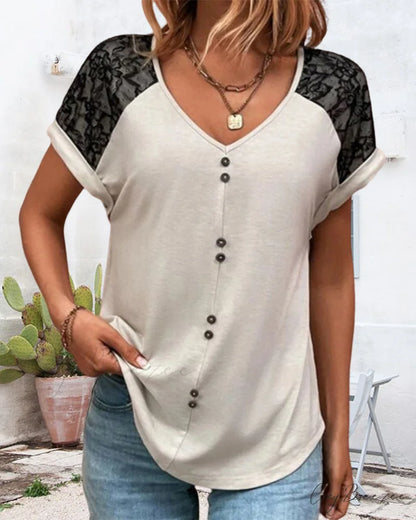 Block Color V-neck Lace Tee