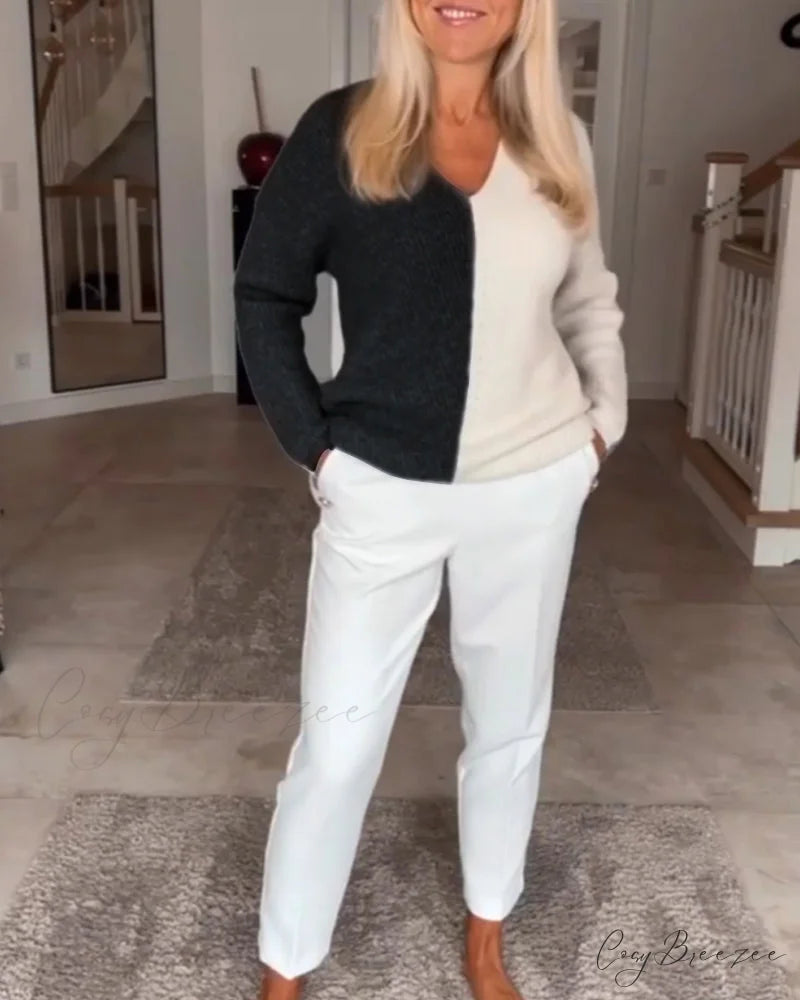 block Color V-neck sweater