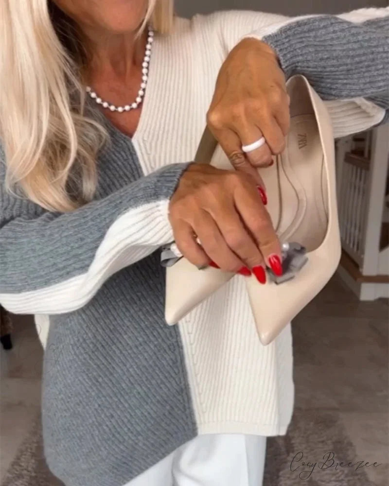 block Color V-neck sweater