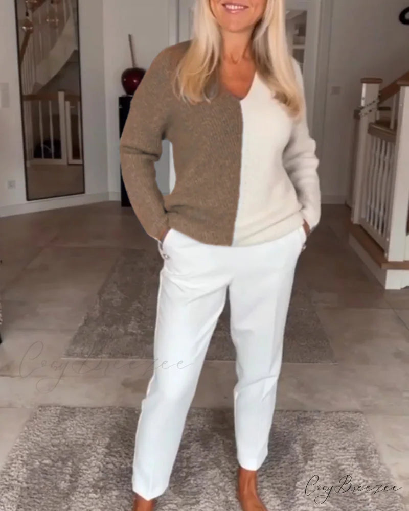 block Color V-neck sweater
