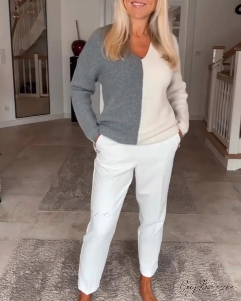block Color V-neck sweater